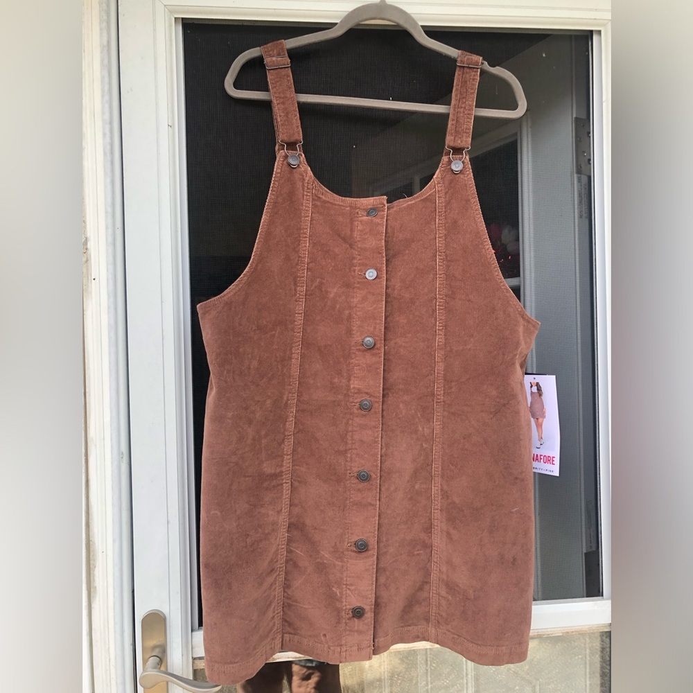 Corduroy Button-Front Pinafore Dress - Brown